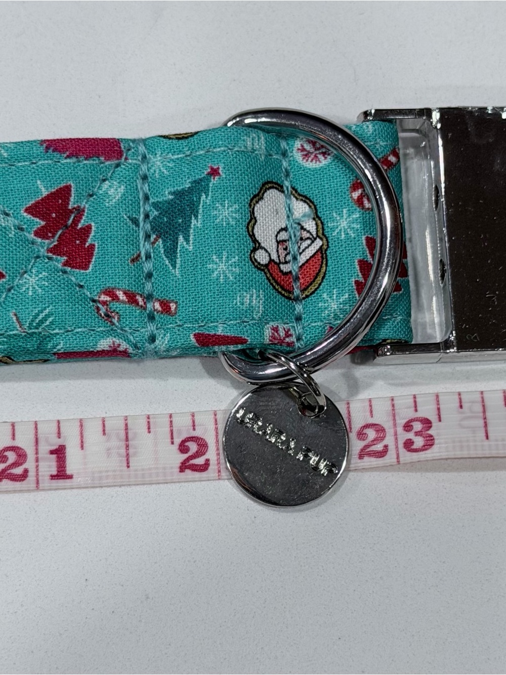 Teal Holiday Dog Collar with Candy Cane & Tree Print - Picture 4 of 4